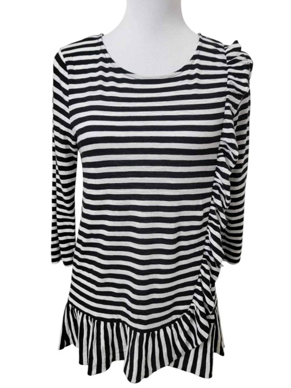 J. Crew Size S Black & White Striped Ruffled Trim Tunic with Asymmetrical Ruffle